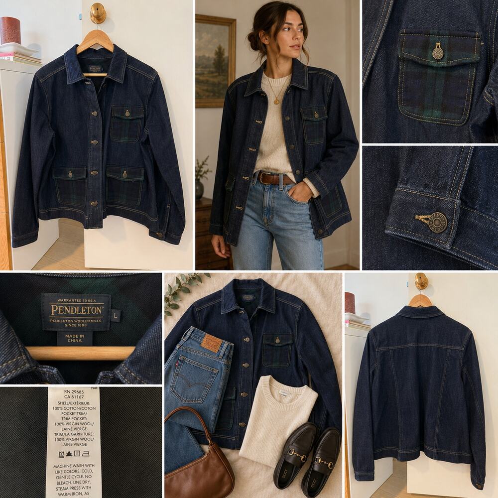 Pendleton Denim Jacket Blackwatch Plaid Pocket Utility Coat Cotton Wool L ✨